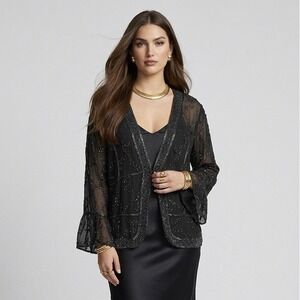 Anujan Silk Beaded Jacket 2X Black Sheer Evening Whimsigoth Fairy Top